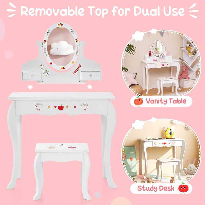 Gymax Kid Vanity Table Stool Set Dual-use Rotatable Mirror Whiteboard