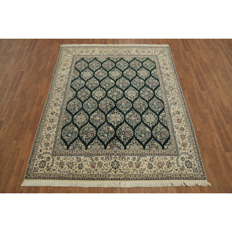 Hand Knotted Oriental Wool & Silk Carpet Traditional All-Over Navy Blue & Blues Nain Area Rug - 8' 3'' X 6' 7''