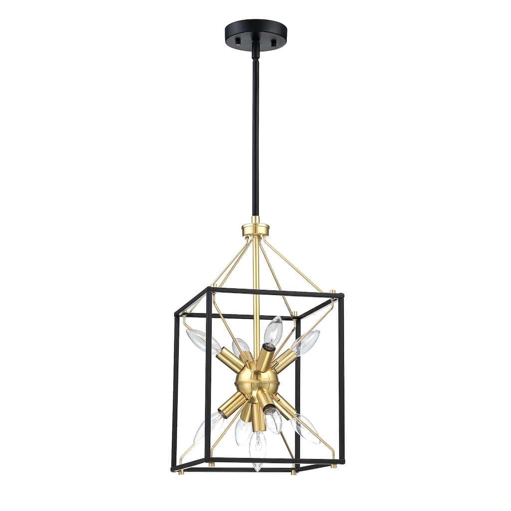 10 in. 9-Light Modern Rectangle Lantern Pendant Light with Matte Black finish and Gold Accents