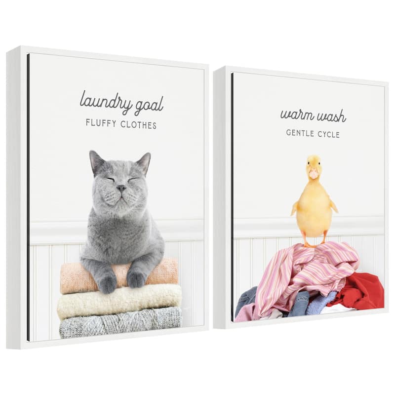 Kate and Laurel Sylvie Cat Laundry Goals and Ducky Gentle Cycle Framed Canvas Art Set by Amy Peterson - 2 Piece Set 18x24