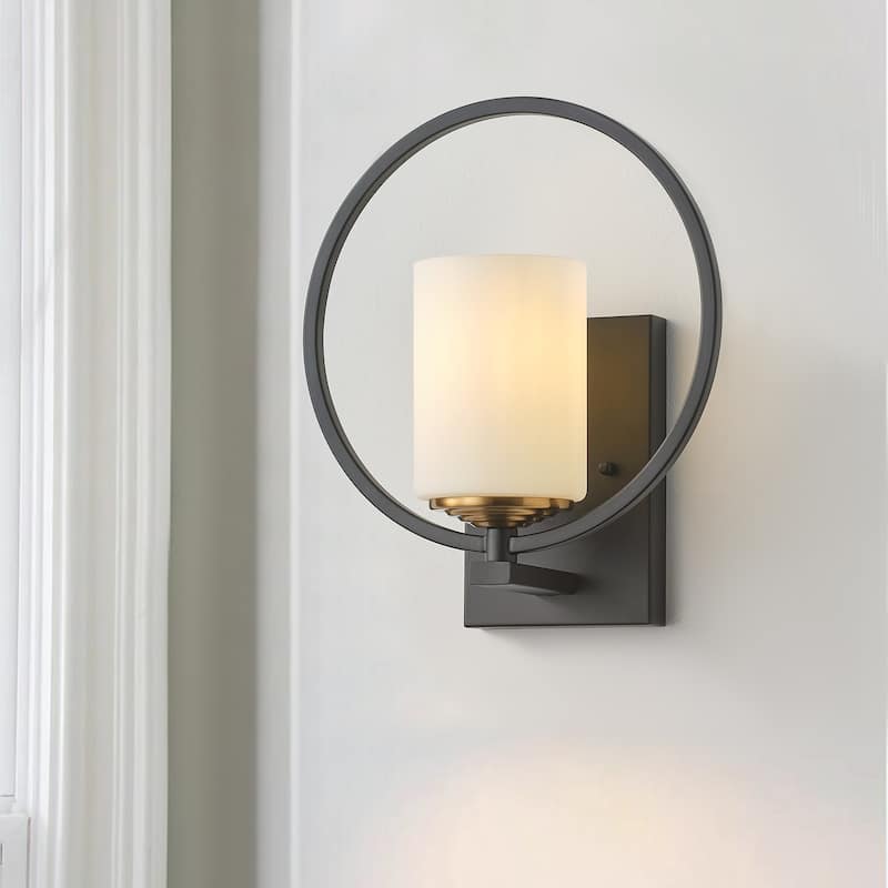Modern Black and Gold Wall Light with White Frosted Glass Shade