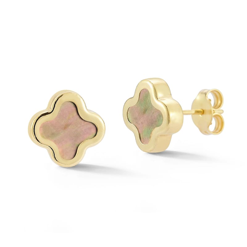 Soleil 14K Gold Mother of Pearl Clover Studs, Made in Italy - Black Mother of Pearl