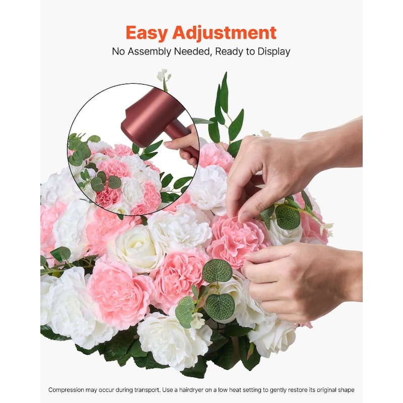 White Pink Silk Rose Flower Balls Set of 10 with Base for Weddings - 17.7 x 17.7 x 10.6 inch