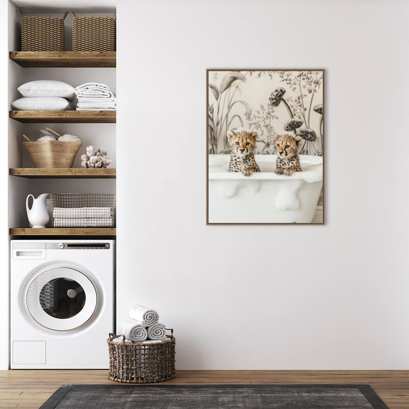 Cheetah Cub Bath by Niky Rahner Framed Canvas Wall Art