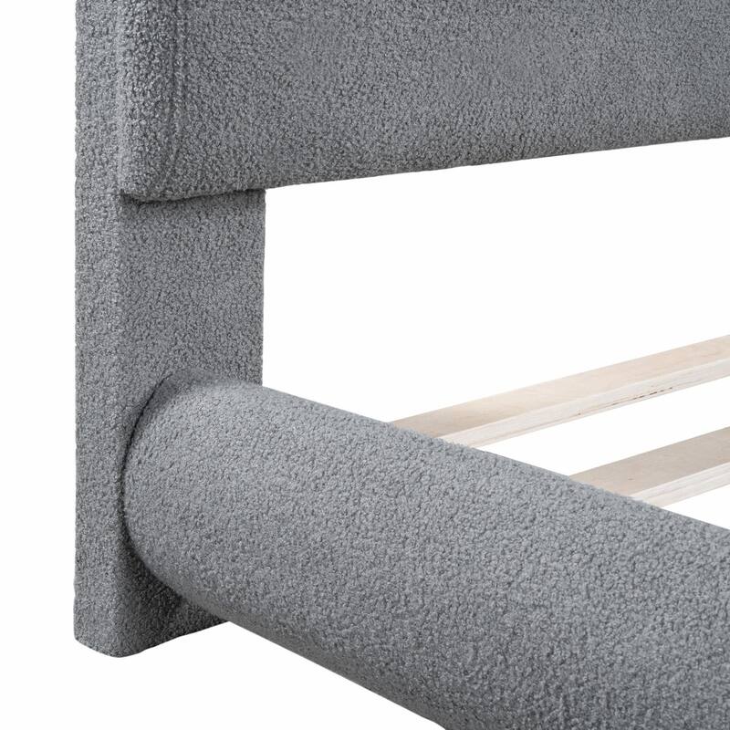 Teddy Fleece Upholstered Platform Bed with Stylish Curve-shaped Design - Grey - Full