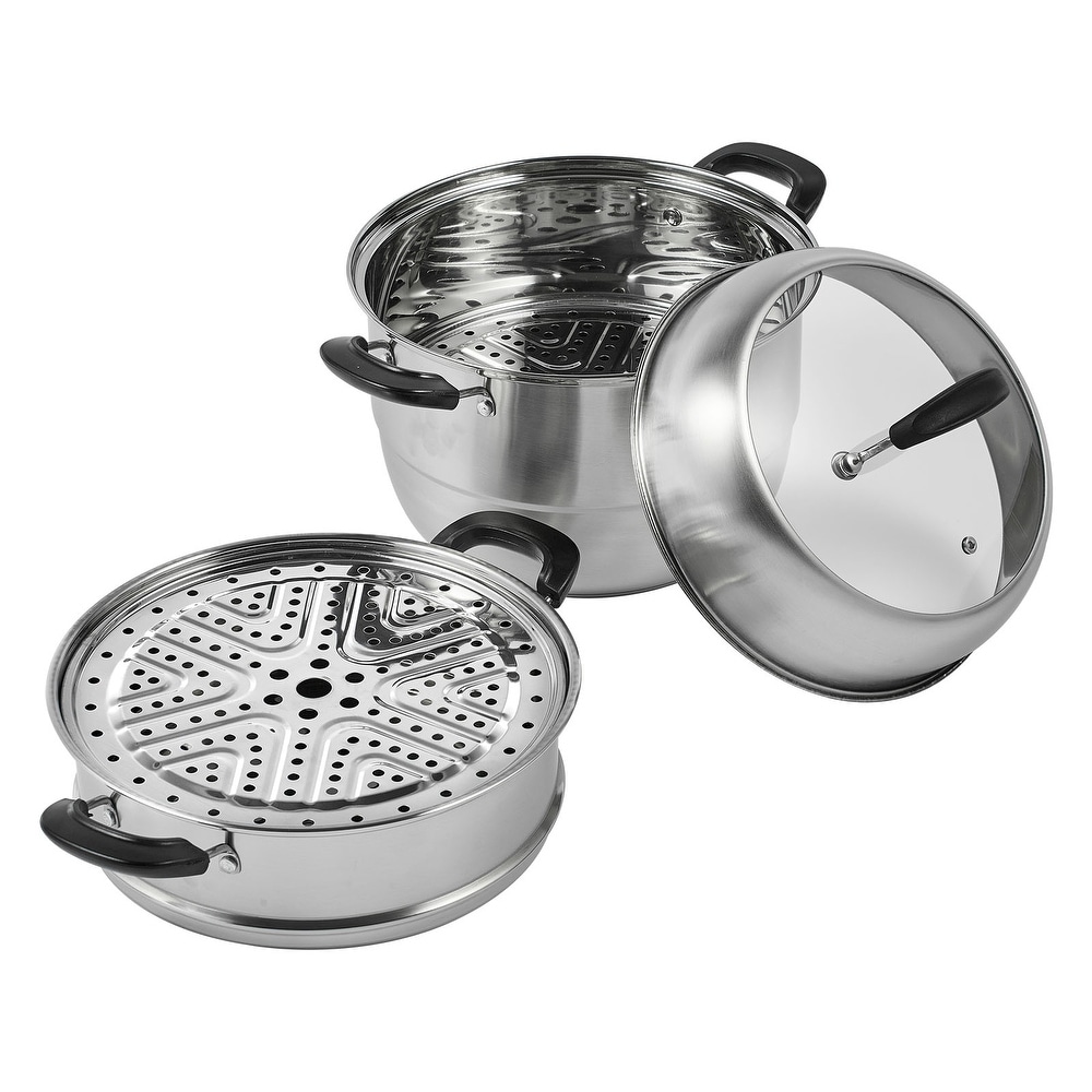 Costway 2-Tier Steamer Pot 304 Stainless Steel Steaming Cookware w/ Glass  Lid 