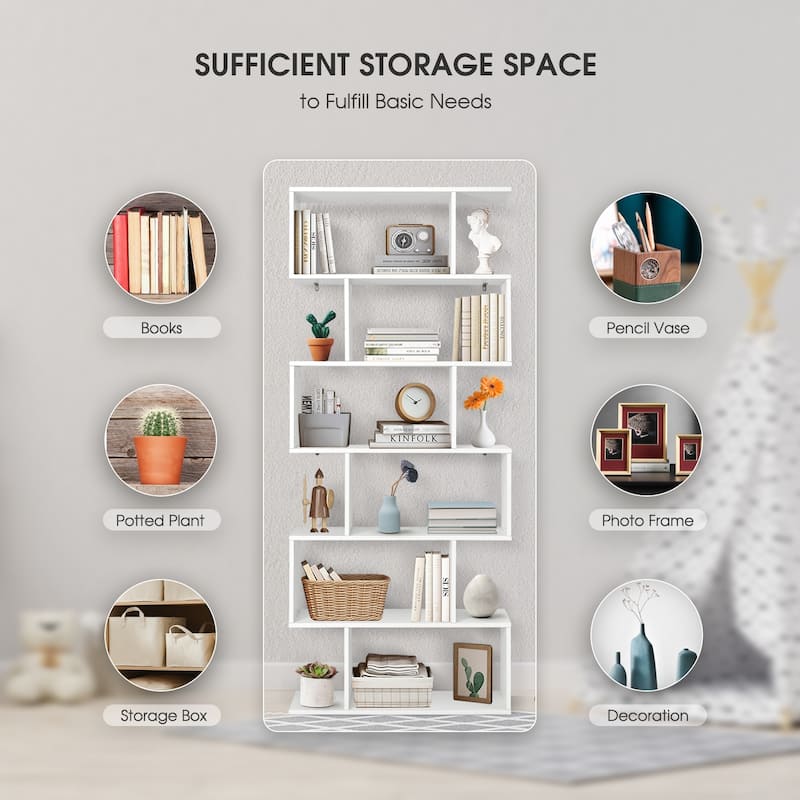 S-Shaped 6-Tier Freestanding Bookshelf with Open Storage Shelves for Living Room or Bedroom