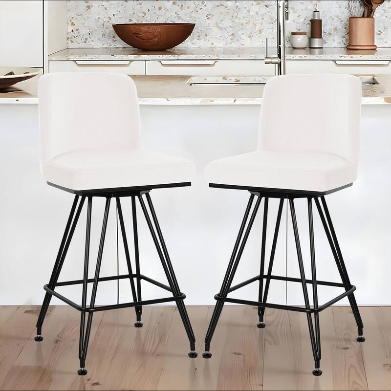 26" Leather/Velvet Swivel Counter Height Bar Stools - 38.2"H x 17.7"W x 19.1"D - Set of 2 - Velvet Cream-White