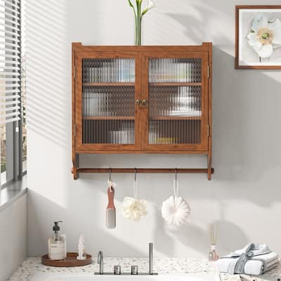 Double Glass Door Wall Cabinet with Three-Tier Storage and Towel Rack