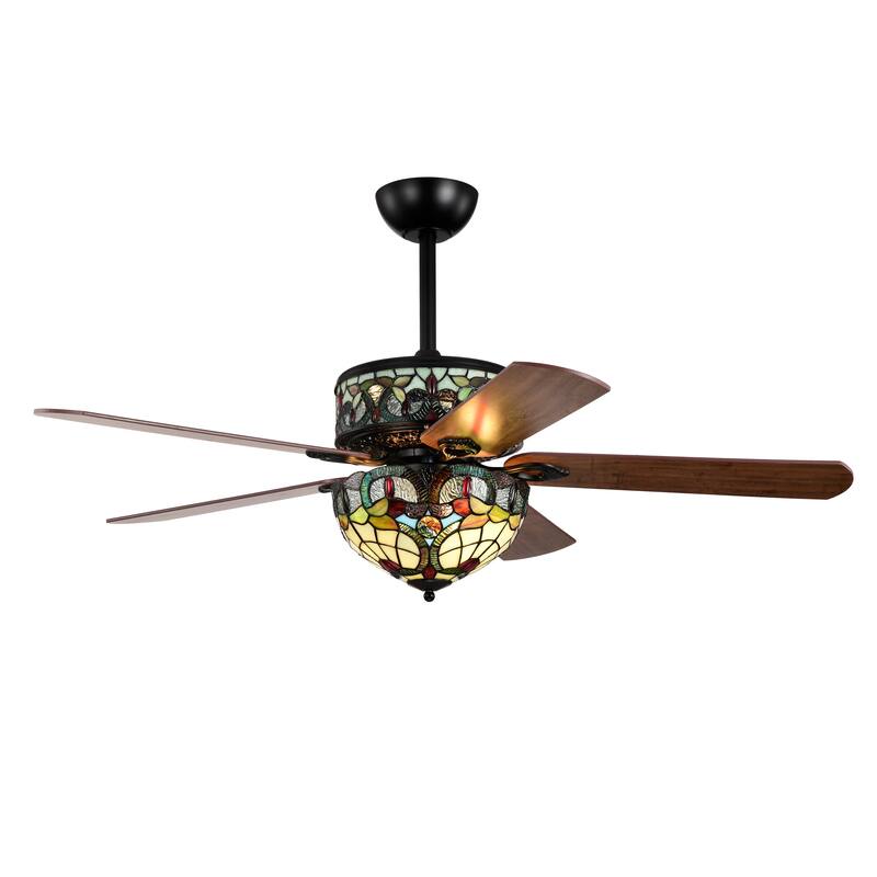 Inio 5-Blade Lighted Ceiling Fan 2-Tier Tiffany Style Glass