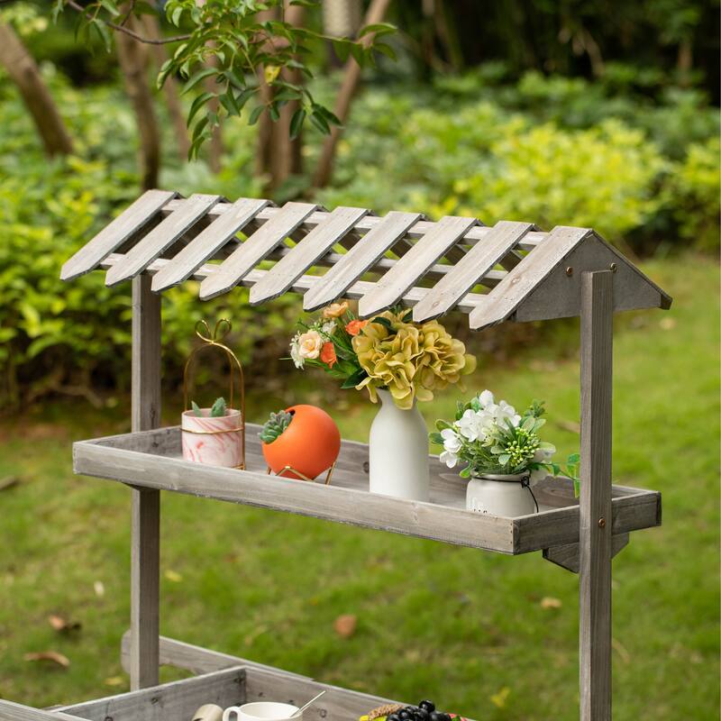 Antique Rustic Solid Wood decor Display Rack Cart 3 Tier with Wheels, Wood Wagon with Shelves for Plants and More