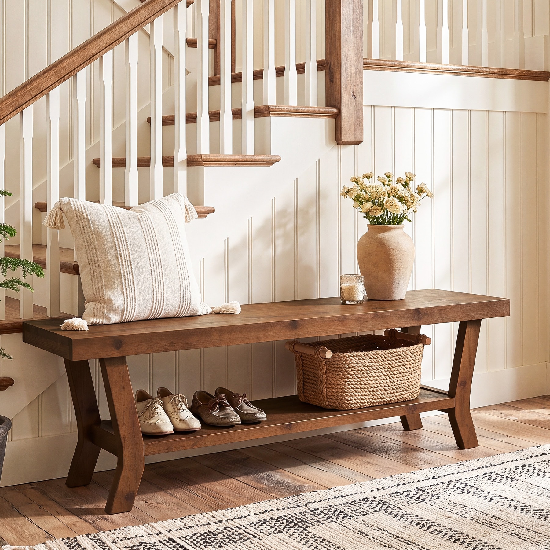 55-Inch Solid Wood Bench, Entryway Bench with Shoe Storage, Indoor Bench Seat for Hallway, Bedroom, Mudroom