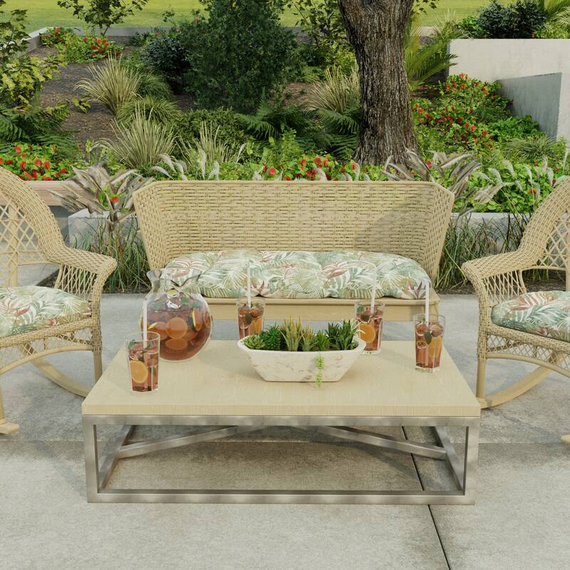 44" x 18" Green Leaves Contoured Outdoor Wicker Bench Cushion - 18'' L x 44'' W x 4'' H - Wesley Almond