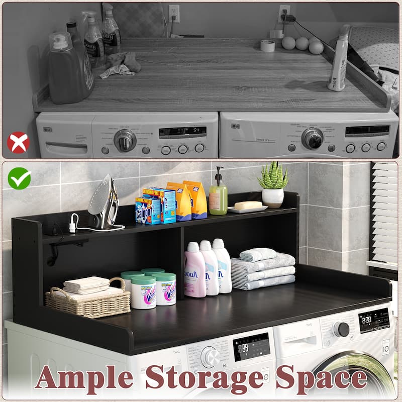 54" x 27.4" Laundry Countertop for Washer and Dryer with Non-Slip Pads，LED Lights，Power Outlets