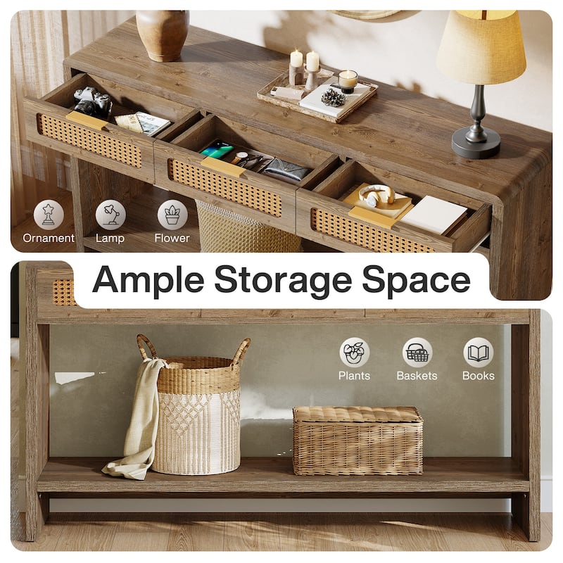 55" Narrow Console Sofa Table with 3 Rattan Drawers and 2-tier Storage Shelf - 13.78" D x 55.12" W x 32.68" H