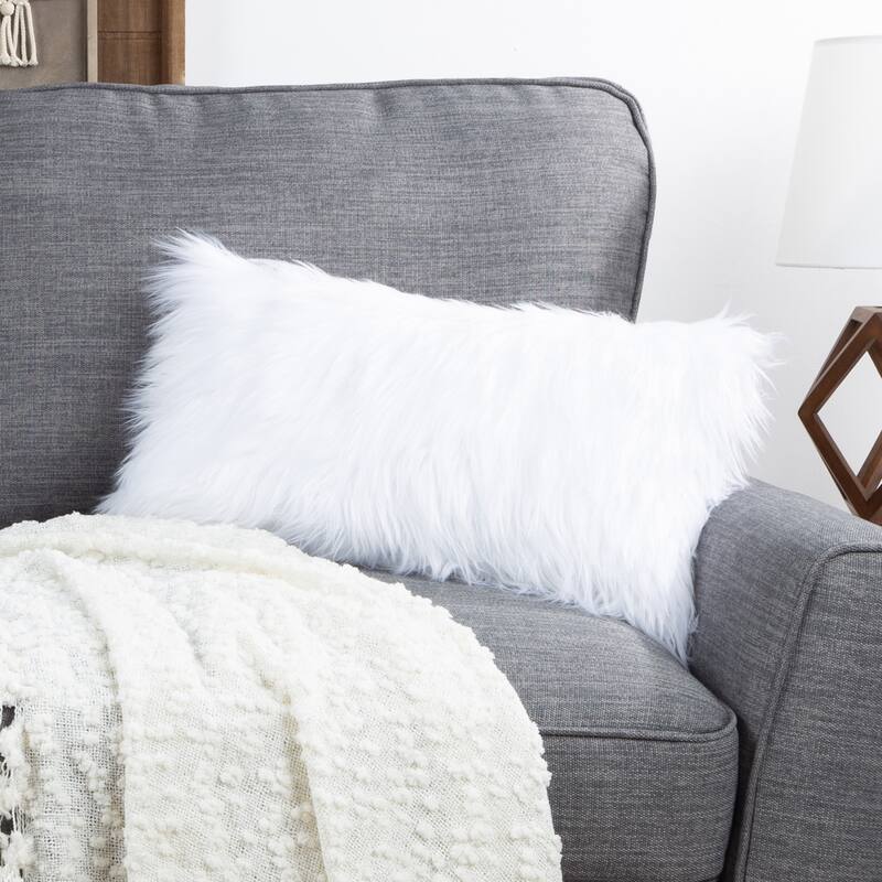 12x20 inch Plush Lumbar Pillow - Luxury Accent Pillow Insert and Shag Glam Cover Set by Hastings Home - White