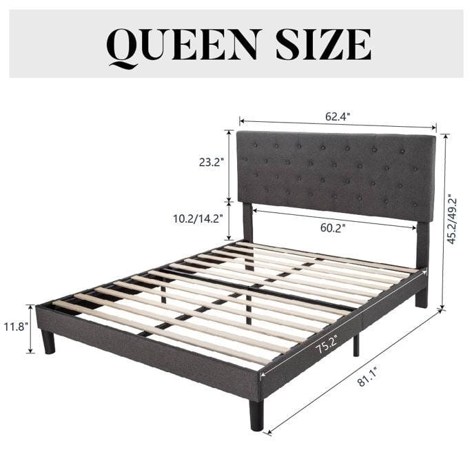 Low Profile Grey Linen Platform Bed with Button Tufted Headboard