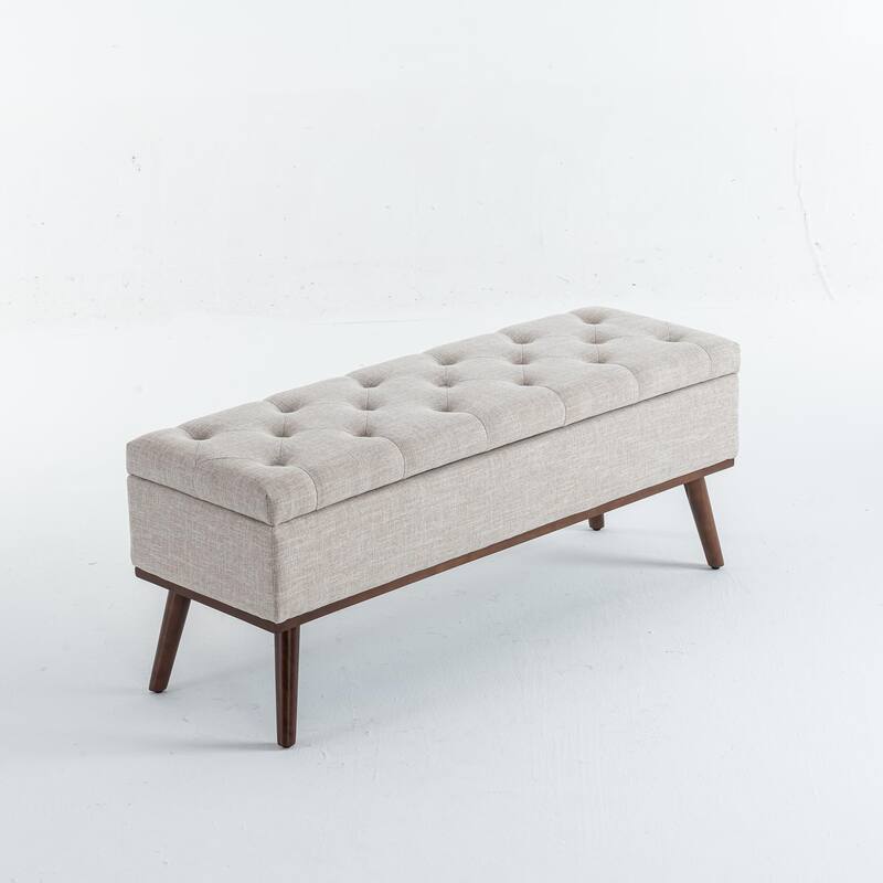 Linen Storage Ottoman Bench with Wood Legs, Upholstered Entryway Bench Tufted Mid Century Modern Ottoman Bedroom End of Bed - Tan