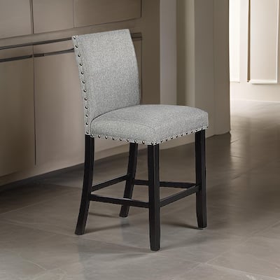 Sie 24 Inch Counter Height Chair, Nailhead Trim, Gray Fabric, Black Wood