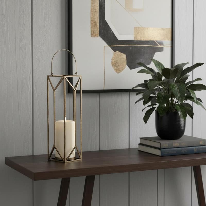 30" Gold Distressed Geometric Metal Tabletop Lantern Candle Holder - Gold