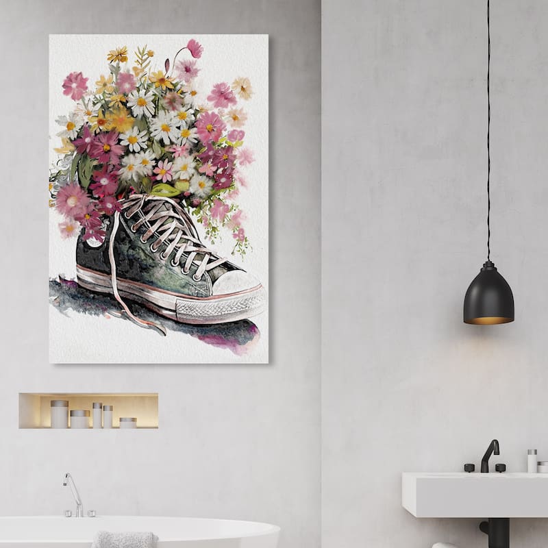 Wynwood Studio Fashion and Glam Chucks and Flowers Pink and Modern & Contemporary Wall Art Canvas Print - 45 x 30