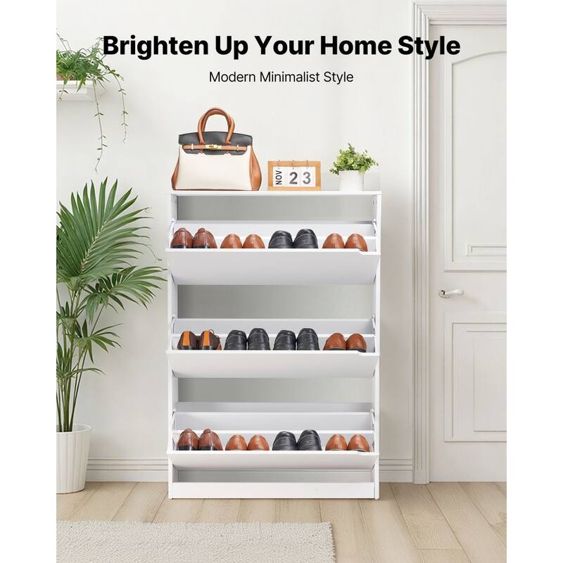 Modern White Shoe Cabinet with 3 Flip Drawers and Adjustable Shelves for Narrow Hallway Storage - 31.5 x 8.66 x 45.87 in
