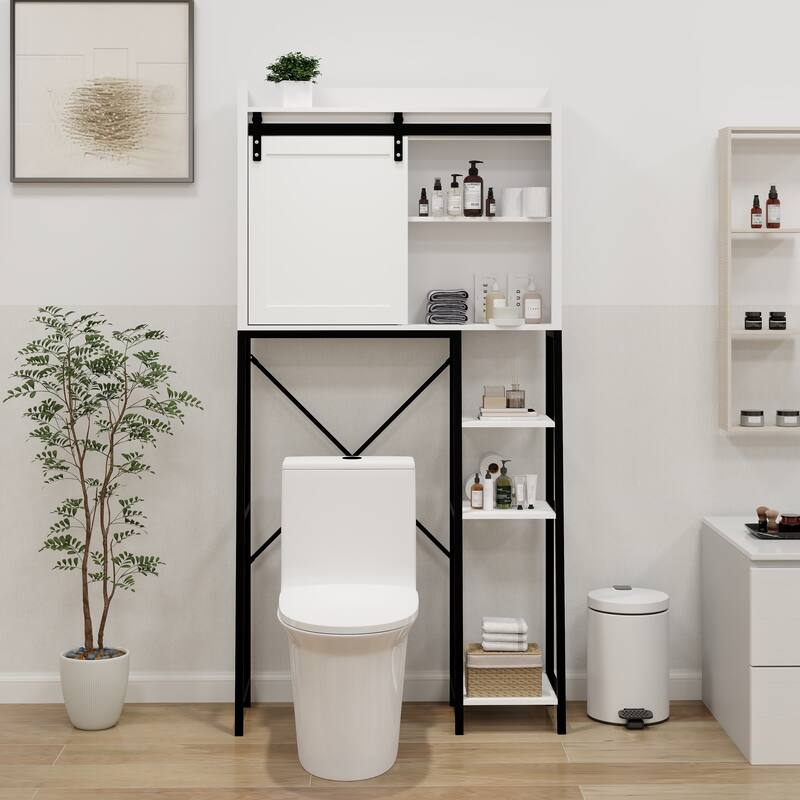 Over The Toilet Storage Cabinet,Bathroom Shelves Over Toilet with Sliding Barn Door,Adjustable Shelves
