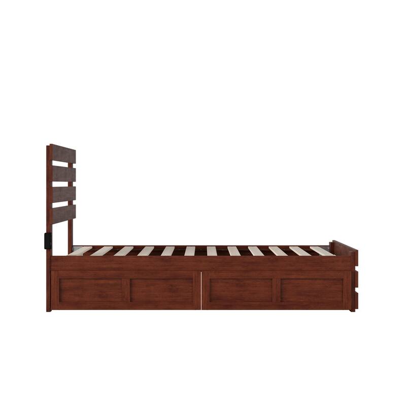 Twin Bed with Footboard, USB Charger & Drawers - Walnut Finish Storage Platform Bed