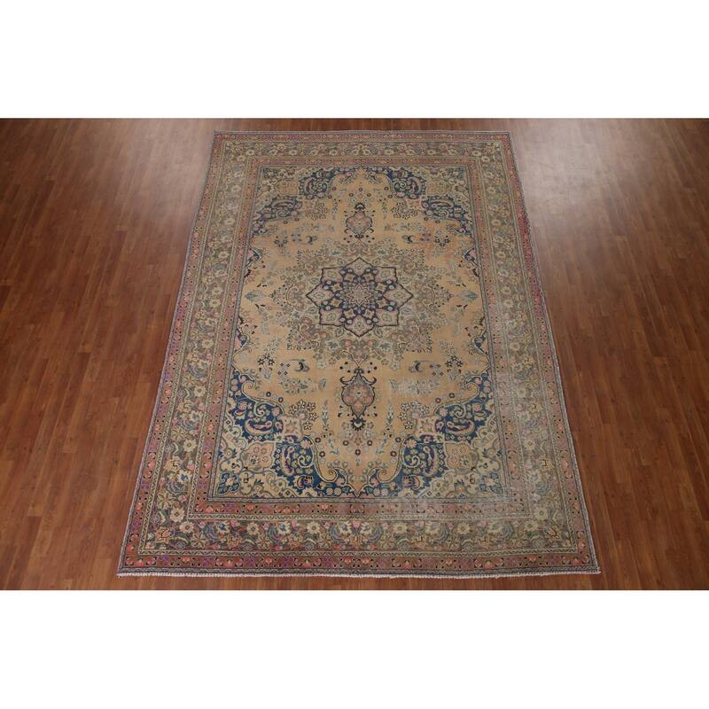 Vintage Distressed Mashad Persian Area Rug Hand-knotted Wool Carpet - 7'11" x 11'1"