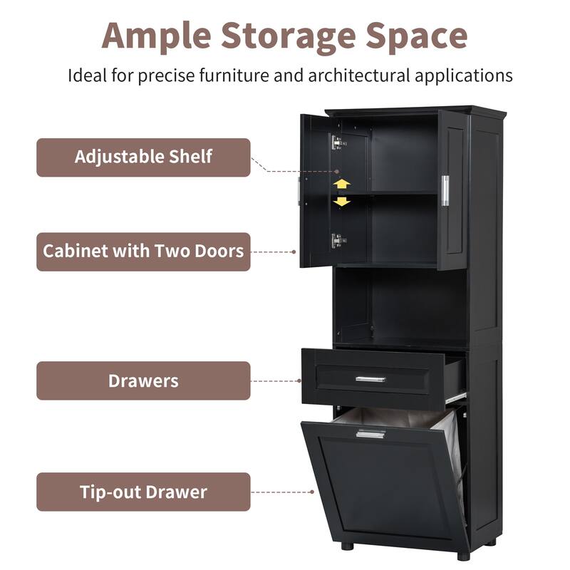 Waterproof Bathroom Cabinet with Tilt-Out Laundry Basket, Large Double Door Storage Cabinet with Adjustable Shelf and Drawer