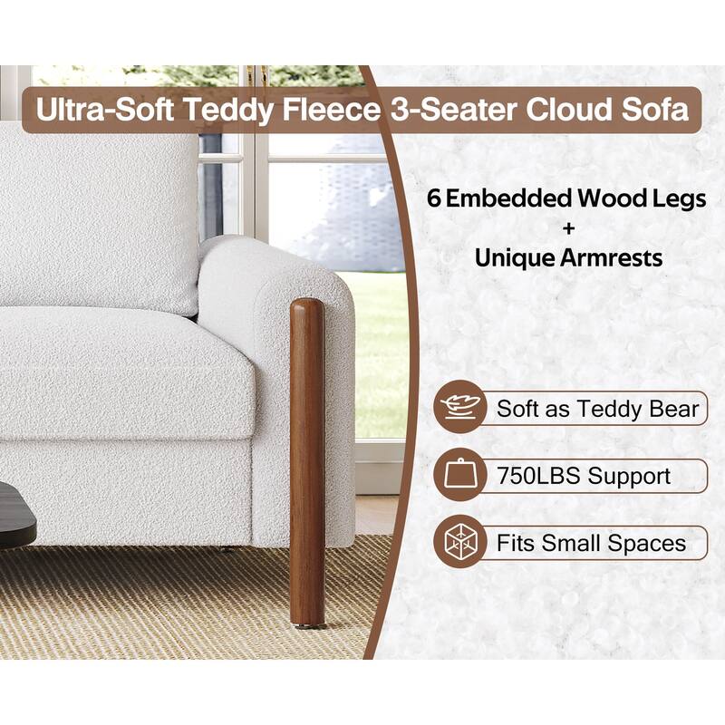 Teddy Velvet Fabric 3 Seater Sofa, Upholstered Sofa with Curved Armrest, Lounge Sofa Chair with Solid Wood Legs