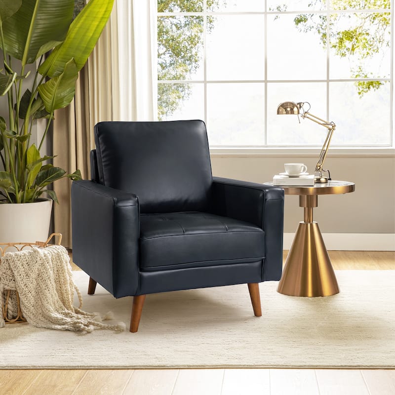 Elizabeth Mid-century Genuine Leather Arm Chair by HULALA HOME - Navy