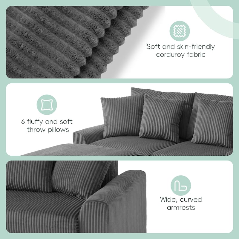 U-Shaped Cloud Corduroy Sectional Sofa with Console, Cup Holders, Bluetooth Speakers, Charging, Storage Ottoman, Deep Seats Sofa