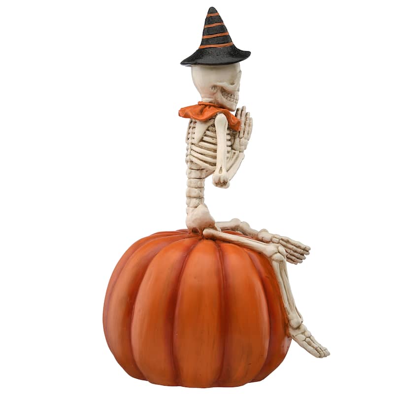 National Tree Company Halloween Trick or Treat Skeleton on Jack O' Lantern, White and Orange, LED Lights, 12 inches - 12 in