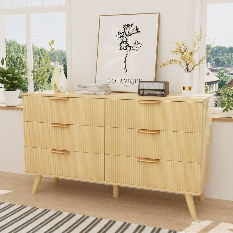 Gymojoy Fluted 6 Drawer Dresser with Gold Metal Handles, Modern Chest of Drawers for Living Room, Bedroom, Apartment