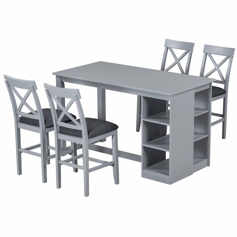 60"L x 30"W Solid Wood Farmhouse Counter Height Dining Table Set with 3-Tier Storage Shelves