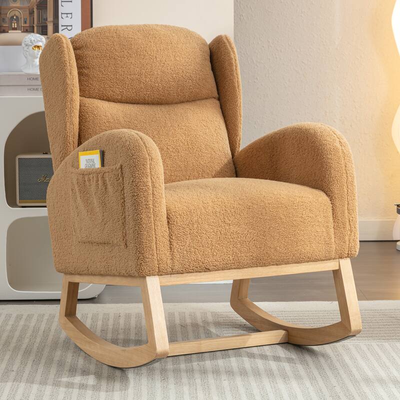 Modern 38" High Back Upholstered Rocking Chair with Wood Legs and Packet - Khaki