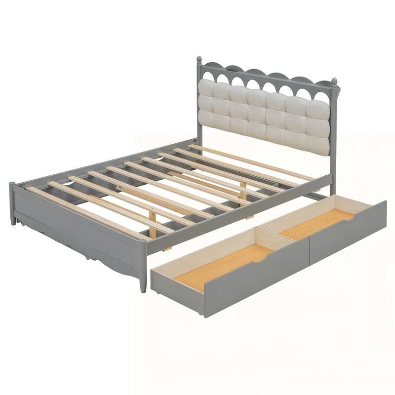 Wooden Storage Platform Bed with USB Ports