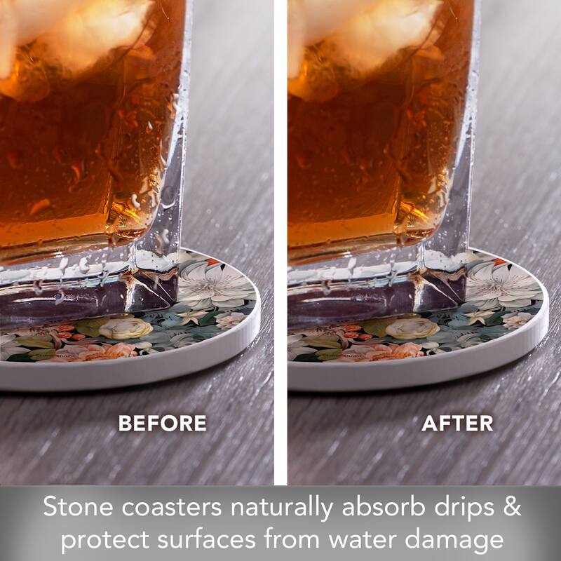 Enchanted Blooms 4 Pack Round Absorbent Stone Coasters with Protective Cork Backing Manufactured in The USA
