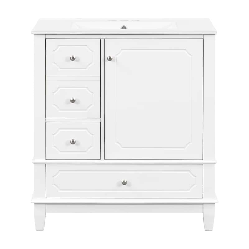 30" Bathroom Vanity with Ceramic Sink, Freestanding Bathroom Storage Cabinet with Door Shelves and 3 Drawers