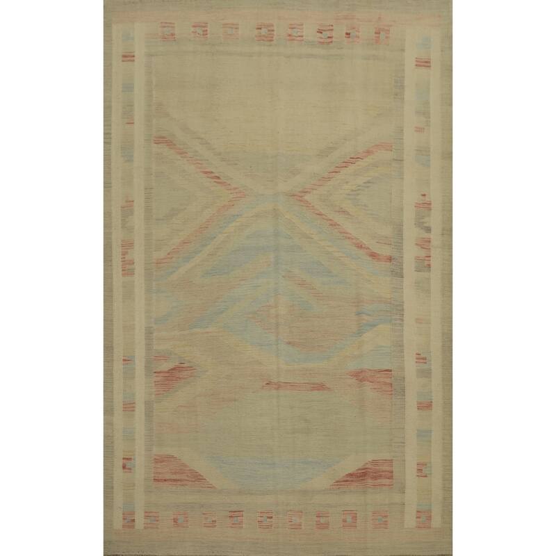 Hand Woven Oriental 100% Wool Carpet Southwestern Tribal Beige & Ivories Kilim Area Rug - 9' 8'' X 6' 8''