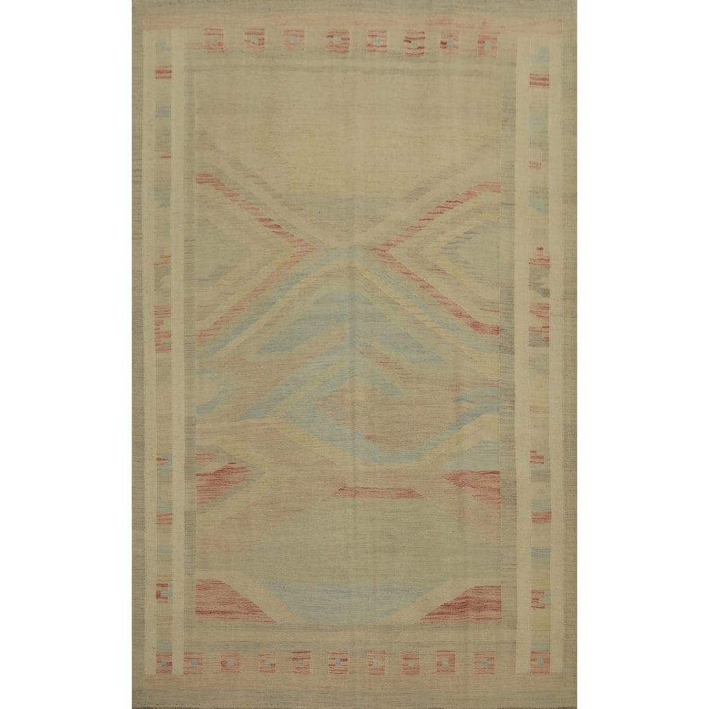 Hand Woven Oriental 100% Wool Carpet Southwestern Tribal Beige & Ivories Kilim Area Rug - 9' 8'' X 6' 8''