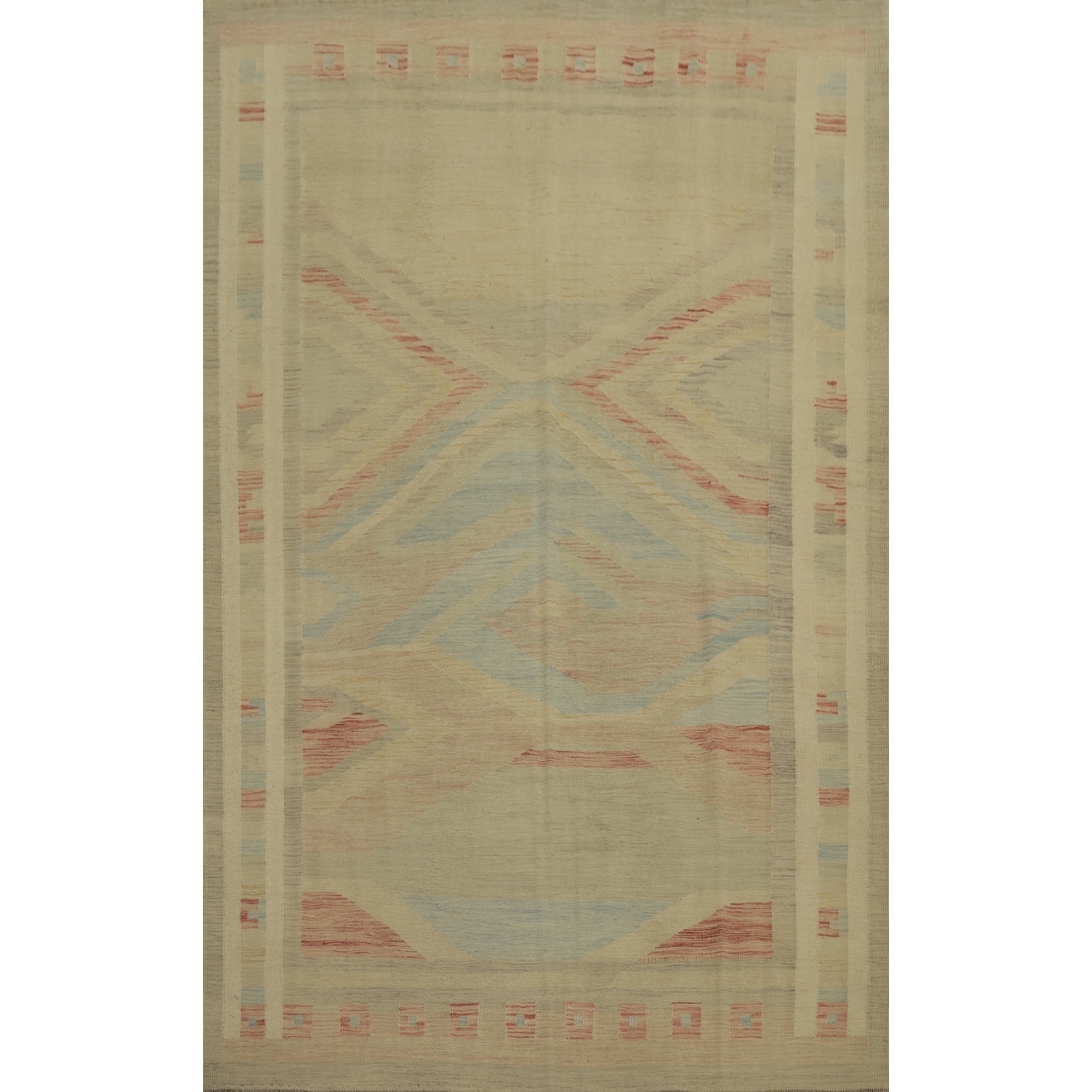 Hand Woven Oriental 100% Wool Carpet Southwestern Tribal Beige & Ivories Kilim Area Rug - 9' 8'' X 6' 8''