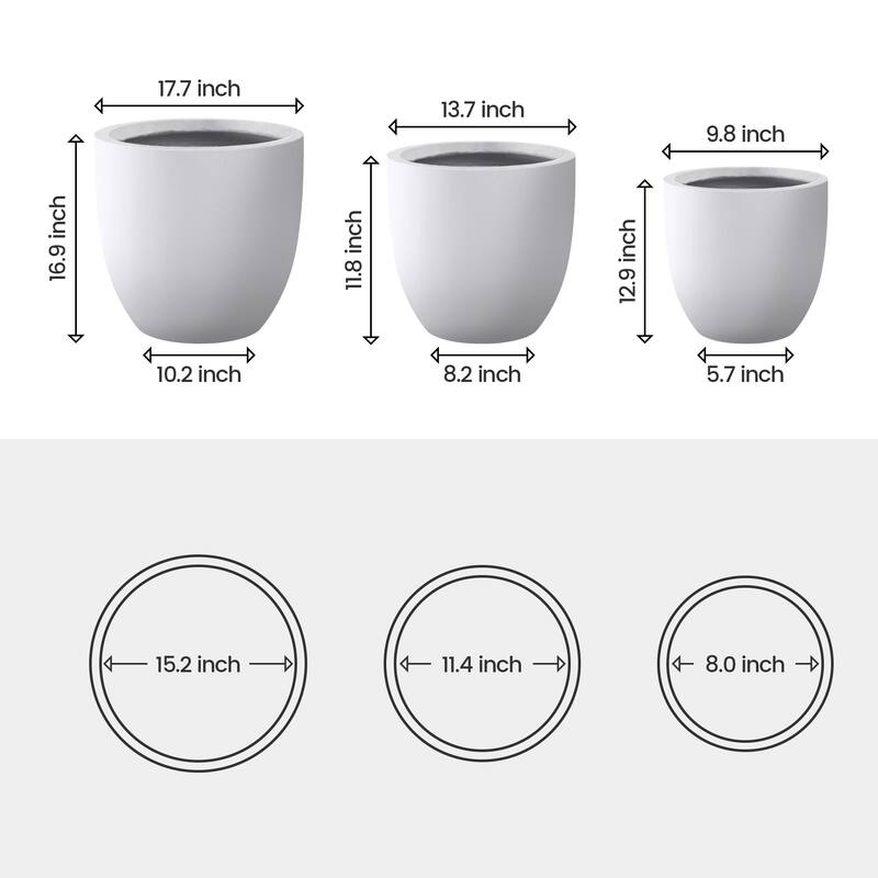 Plantara 18", 14", & 10" D Round Solid White Concrete planter (Set of 3), Outdoor Flower pot, Modern Planter pot for Garden