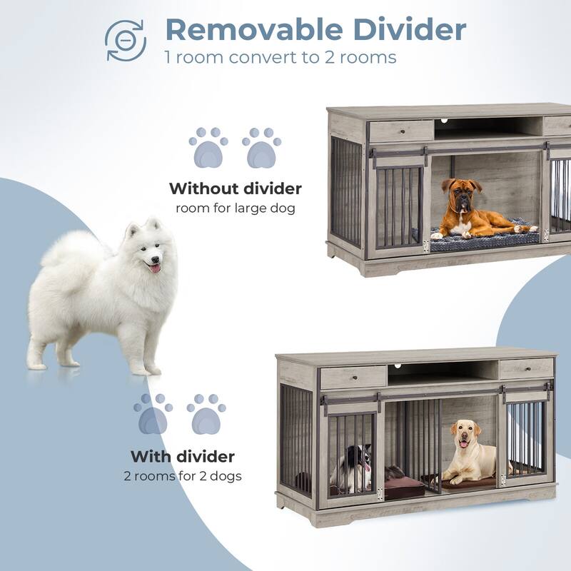Sapphome Dog Crate Furniture Large Breed TV Stand with Drawer & 2 Sliding Doors, Grey