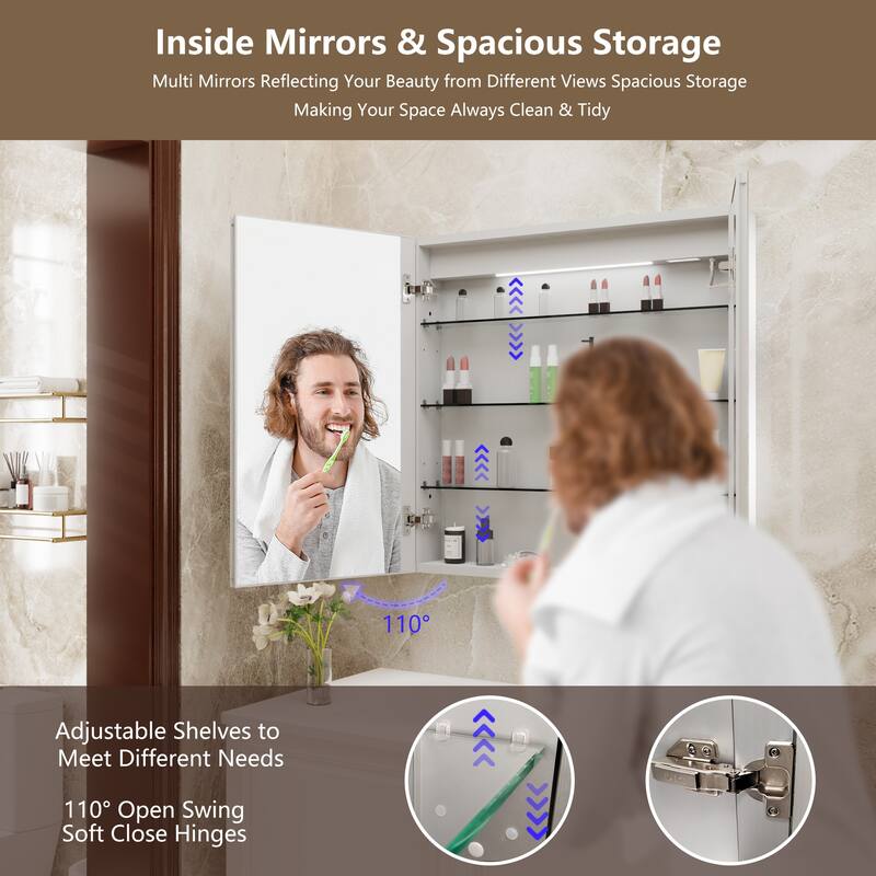 ExBrite 30" x 30" LED Lighted Bathroom Medicine Cabinet with Mirror,Recessed or Surface Mount,Defog - 30" x 30"