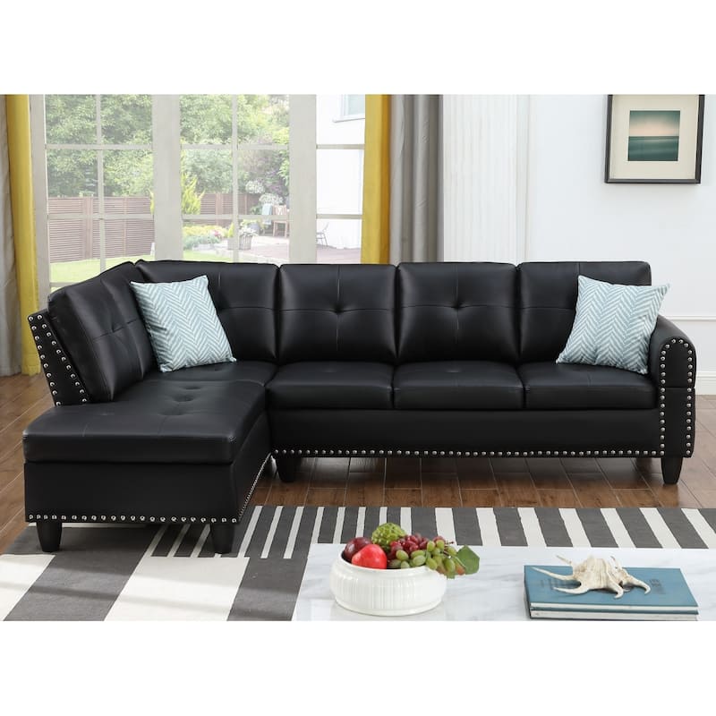 98" Faux Leather L-Shaped Sectional Sofa with Pillows & Cup Holders - Black