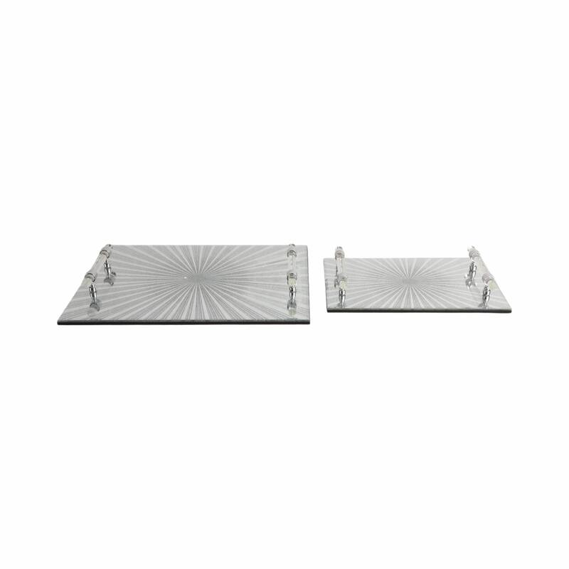 Glass Serving Trays with Modern Handles Stylish Accent (Set of 2) - 16" x 12" x 2" - Silver/ Metallic