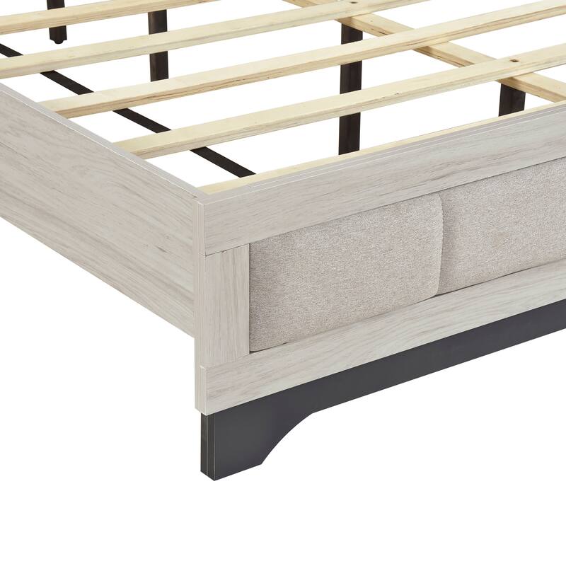 Modern Two-Tone White Oak & Gray Upholstered Queen Platform Bed with Headboard and Footboard