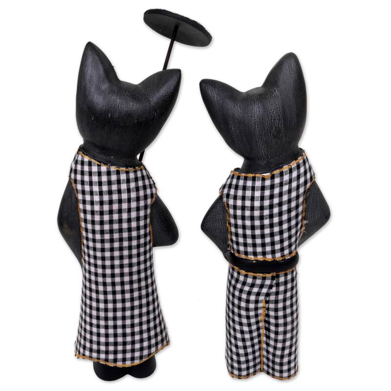 Novica Handmade Bali Cat Couple In Dark Grey Wood Sculptures (Pair)